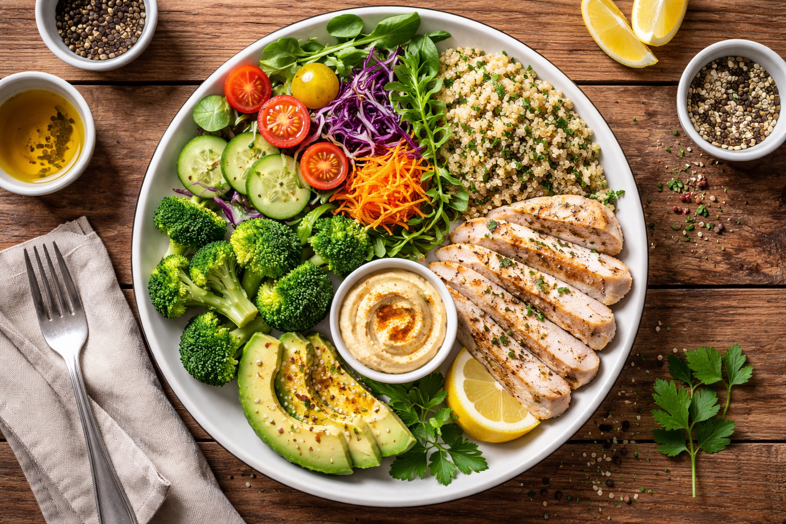 Balanced meal plate with vegetables, whole grains, lean protein, and healthy fats on a wooden table, natural lighting, top view