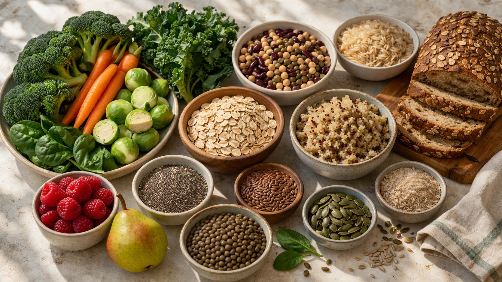 Variety of fiber-rich foods including vegetables, legumes, whole grains, and seeds arranged aesthetically on a light surface